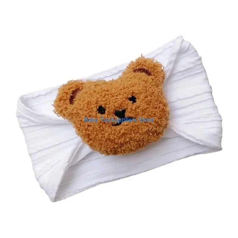 

R1WF Kids Turban Headwear with Bear Twisted Decor Fashionable Elastic Nylon Hairband