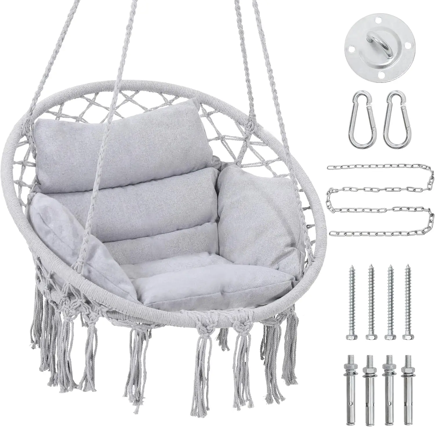 

Macrame Hammock Hanging Swinging Chair with Medium Cushion, Perfect for Bedroom, Porch, Adults, Balcony, Grey