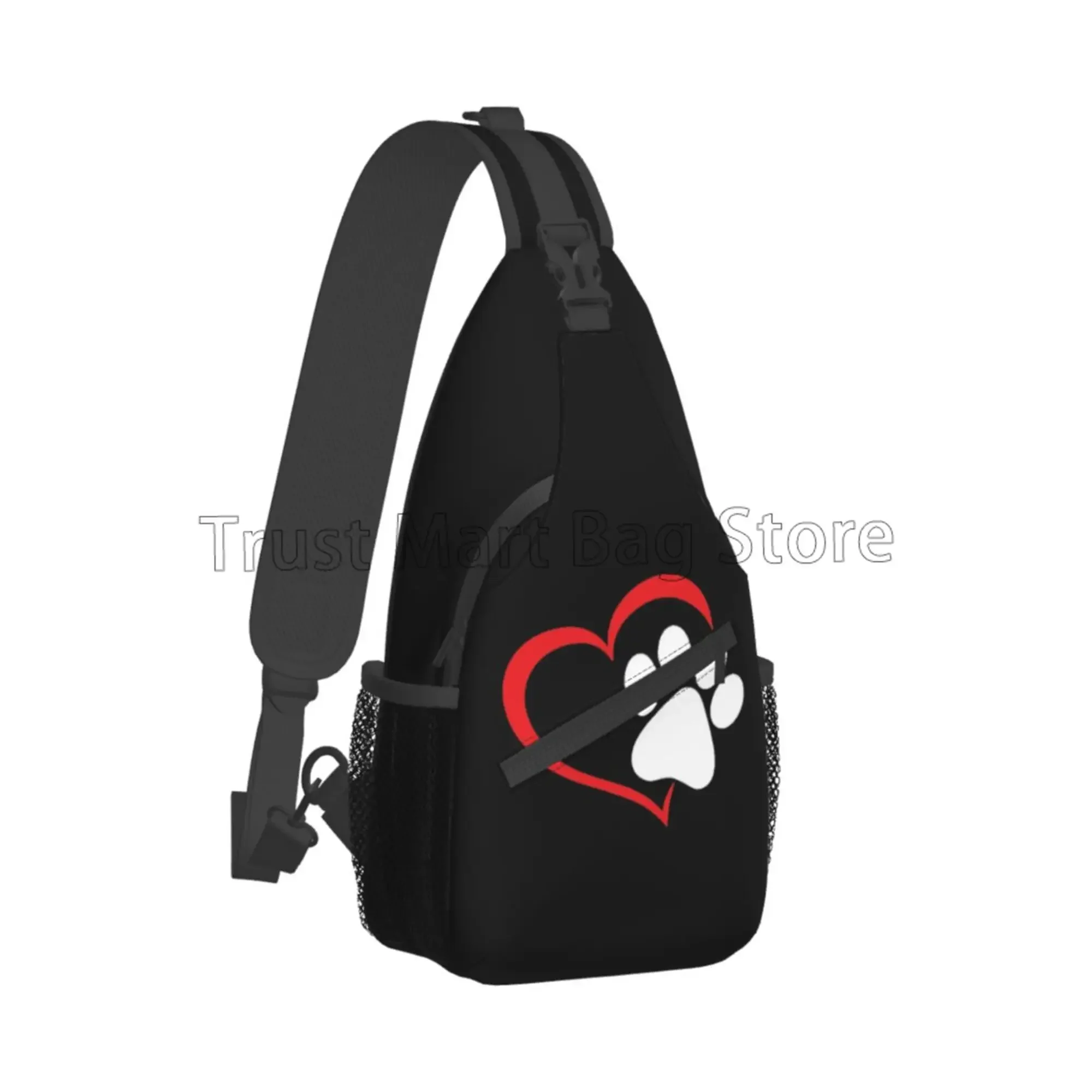 Dog Paw Print Sling Bag for Kids Teens Adults Red Love Heart Puppy Paw Crossbody Backpack Casual Chest Bag Travel Hiking Daypack