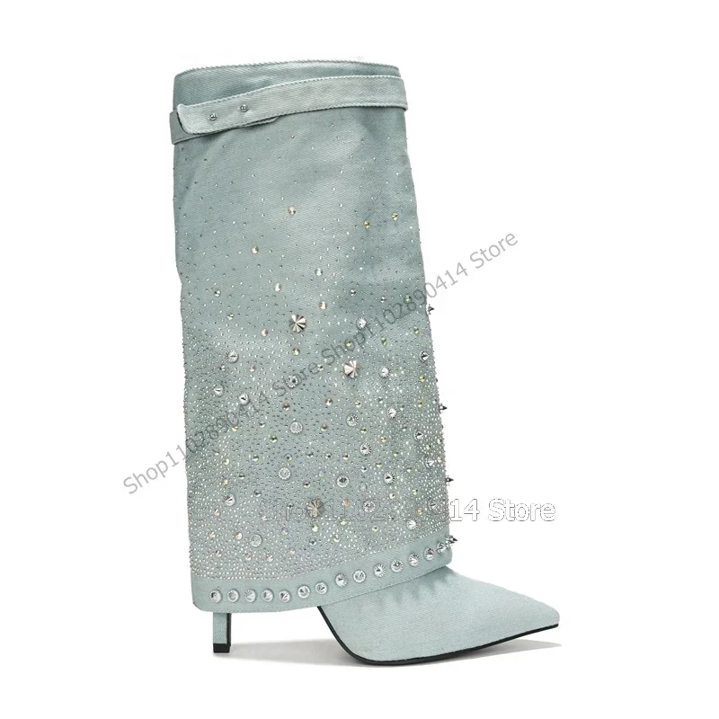 

Crystal Rivets Decor Turned Over Pointed Toe Boots Knee High Women Shoes Thin High Heels Sexy Fashion 2023 Zapatos Para Mujere