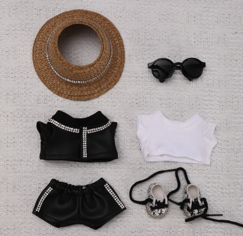 

Only Clothes Suitable For 15/17cm Doll Black Leather Jacket Sparkling Set Fashionable And Trendy 6-Piece Set Clothing