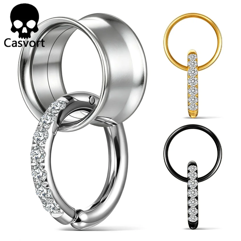 Casvort 2er-Set Edelstahl-Ohr-Tunnel mit Schraubverschluss und Zirkonia-Klappring, Ohr-Plugs, Expander, Piercing-Schmuck
