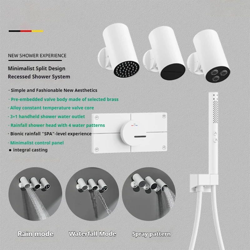 Simple Bathroom Shower Set, Brass Concealed Thermostatic Valve Core, Three-Function Overhead Shower Faucet with Waterfall Nozzle