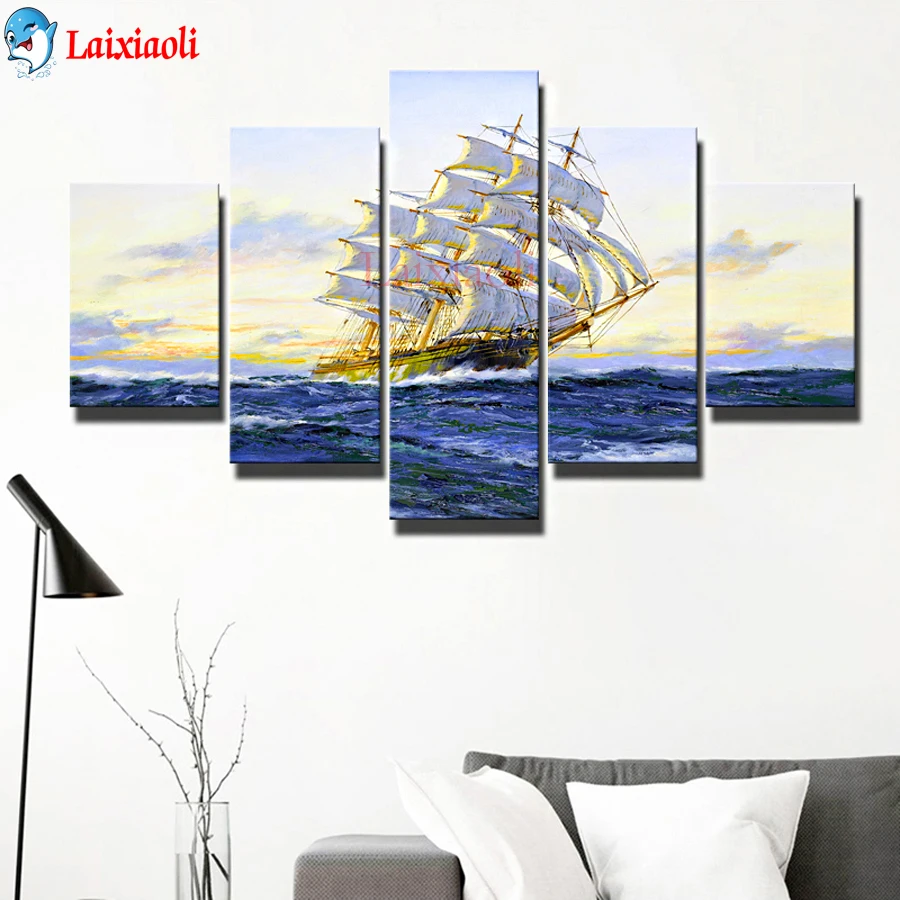 

5 Panels Boat On the Sea Scenery 5d Diy Diamond painting Full Square Round Cross Stitch Mosaic embroidery Office wall decoration