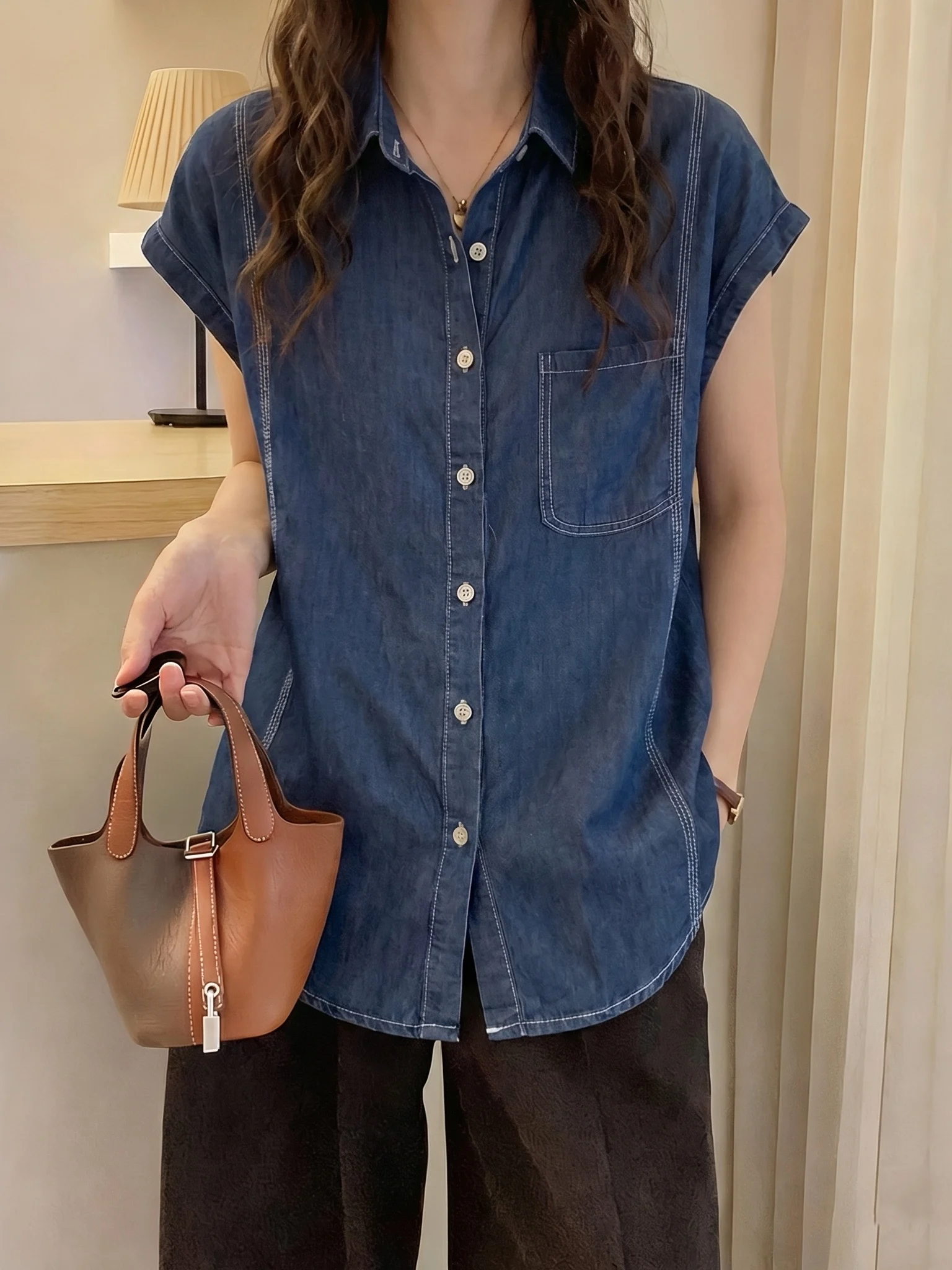 

Slim Fit Short Sleeve Denim Shirt Women's Summer New Style plus Size Hong Kong Retro Top Shoulder Width Regular Length Korean...
