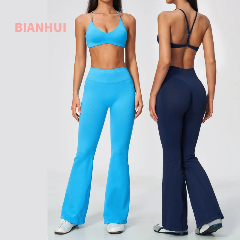 2Pcs Ladies Seamless Fitness Set High Rise Butt Lift Flared Leggings Sports Bra Breathable High Elastic Yoga Pilates Sportswear