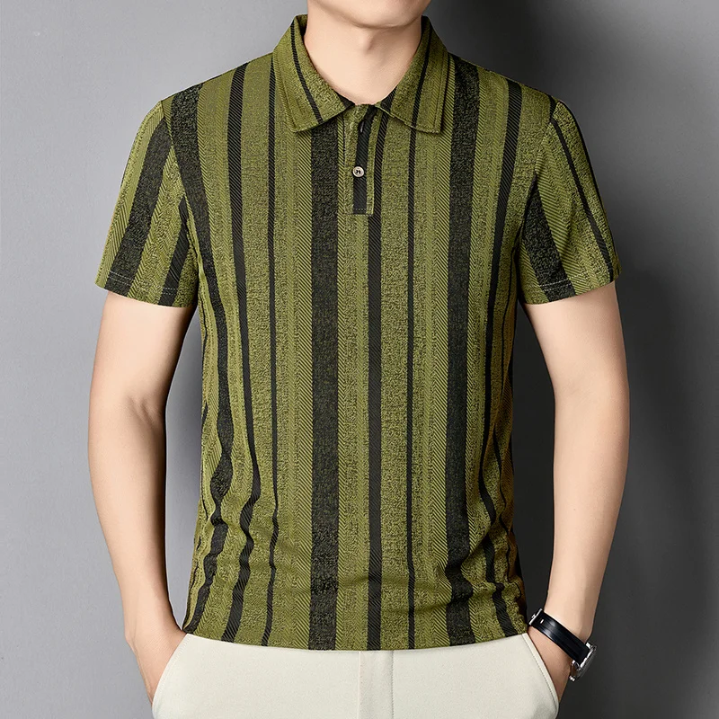 Herren Strukturierte Vertikal Gestreifte Kurzarm-Poloshirts Lässige Business-Oberteile Atmungsaktiv Knitterfrei Sommerkleidung – Detail 27