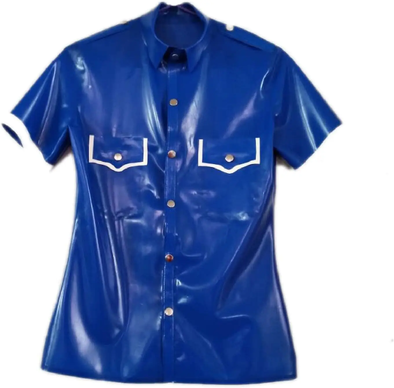 

Casual Front Buttons Design Men's Blue Latex Shirt with White Trims Decorations
