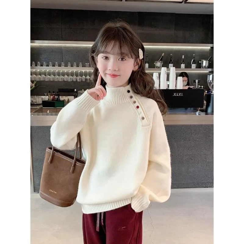 

Girls Solid Color Sweater Autumn and Winter 2025 New Girls Semi-turtleneck Knitted Pullover Children's Bottoming Shirt