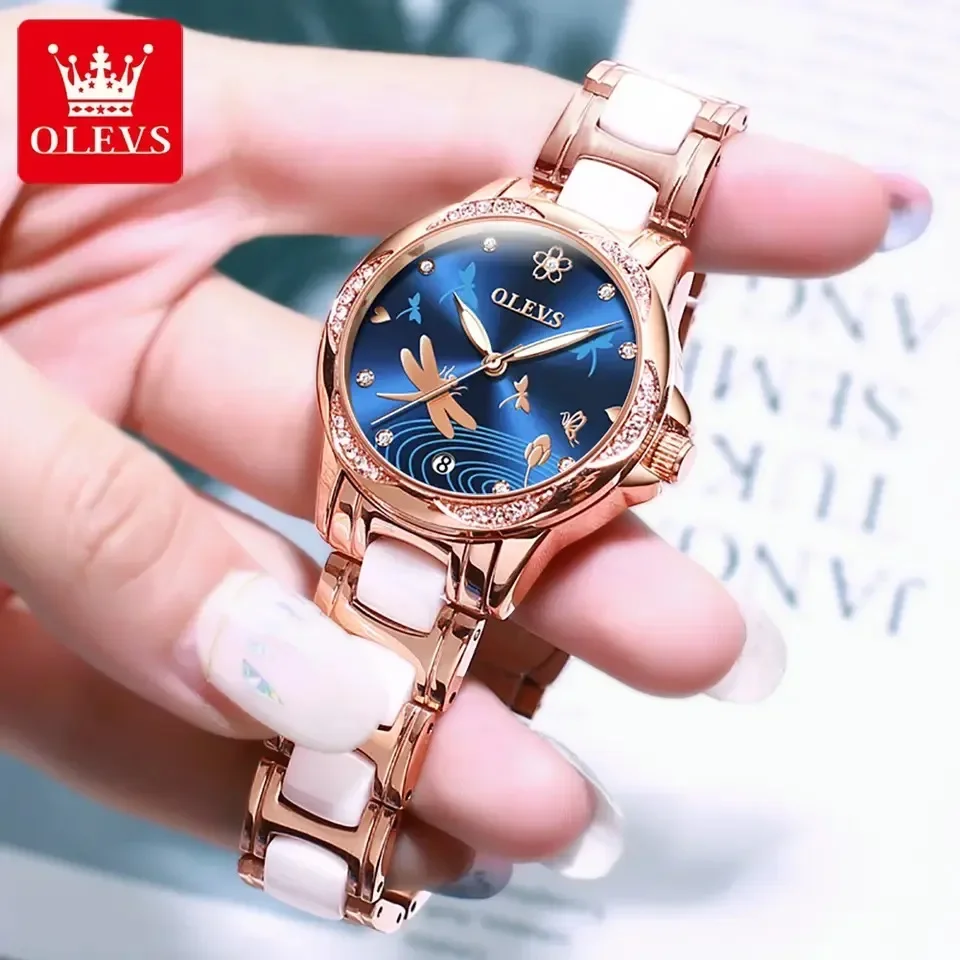 OLEVS Automatic Mechanical Watches for Women Calendar Dial Ceramic Strap Waterproof Luminous Fashion Women\'s Wristwatches Reloj