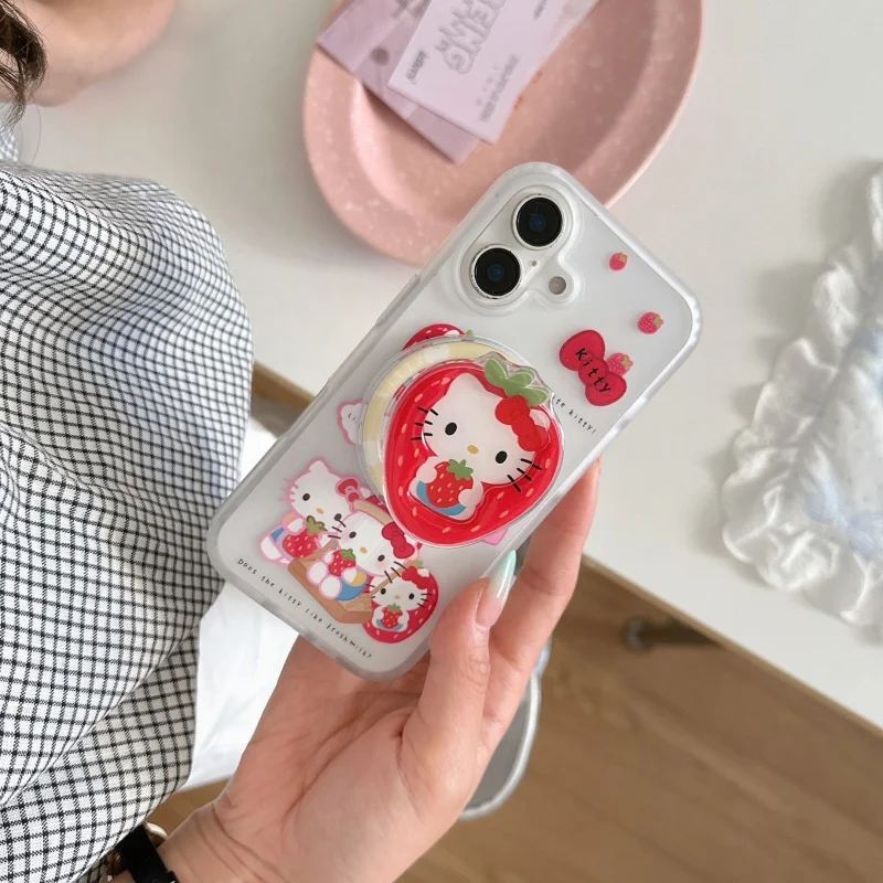 Dolce fragola Carino Hello Kitty Bow KT Magsafe Custodia per telefono con ricarica wireless per iPhone 13 14 15 16 Pro Max Kitty Supporto magnetico