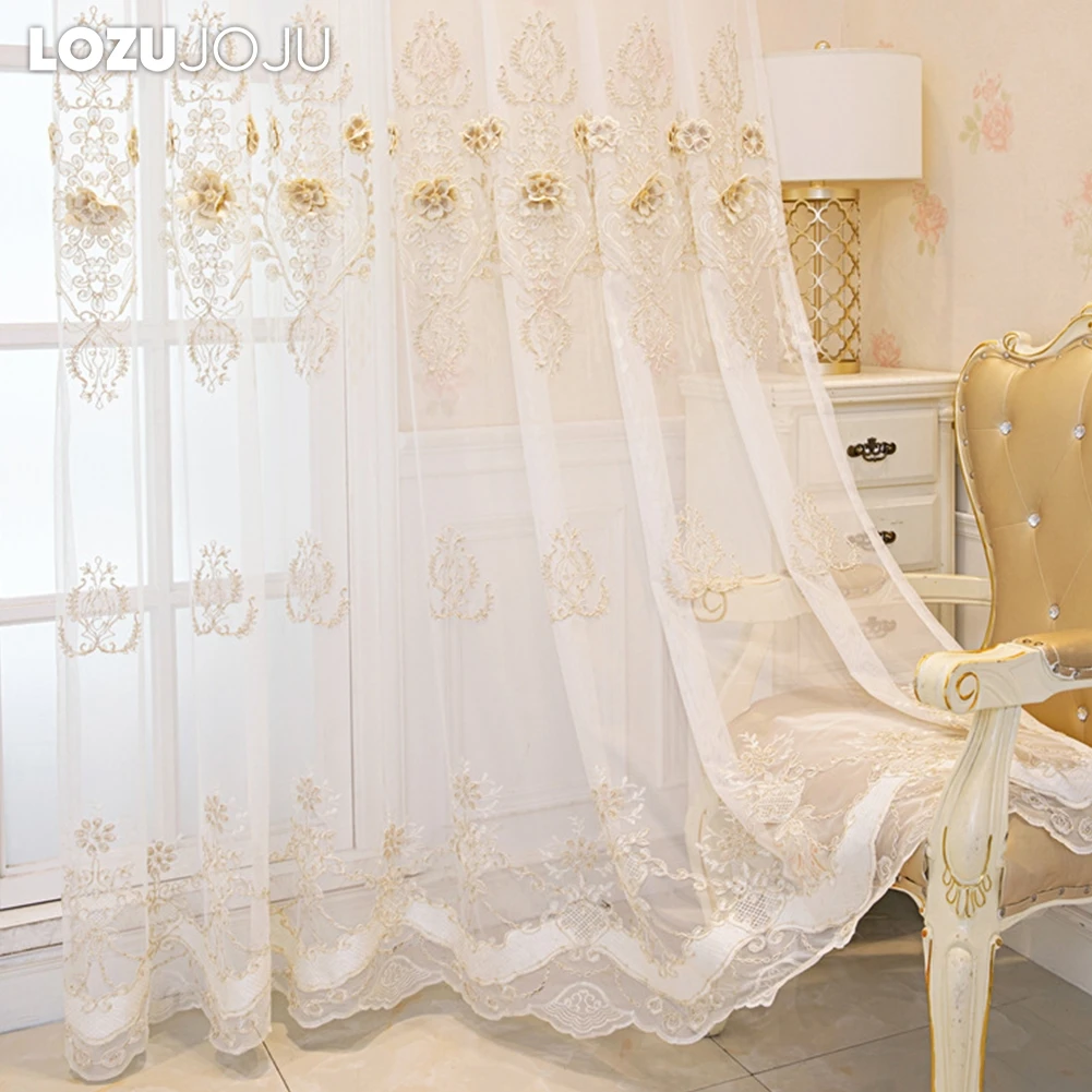 LOZUJOJU Pastoral Style Embroidered Tulle Curtain White Sheer Window Decor for Living Room Bedroom Hotel 1PC