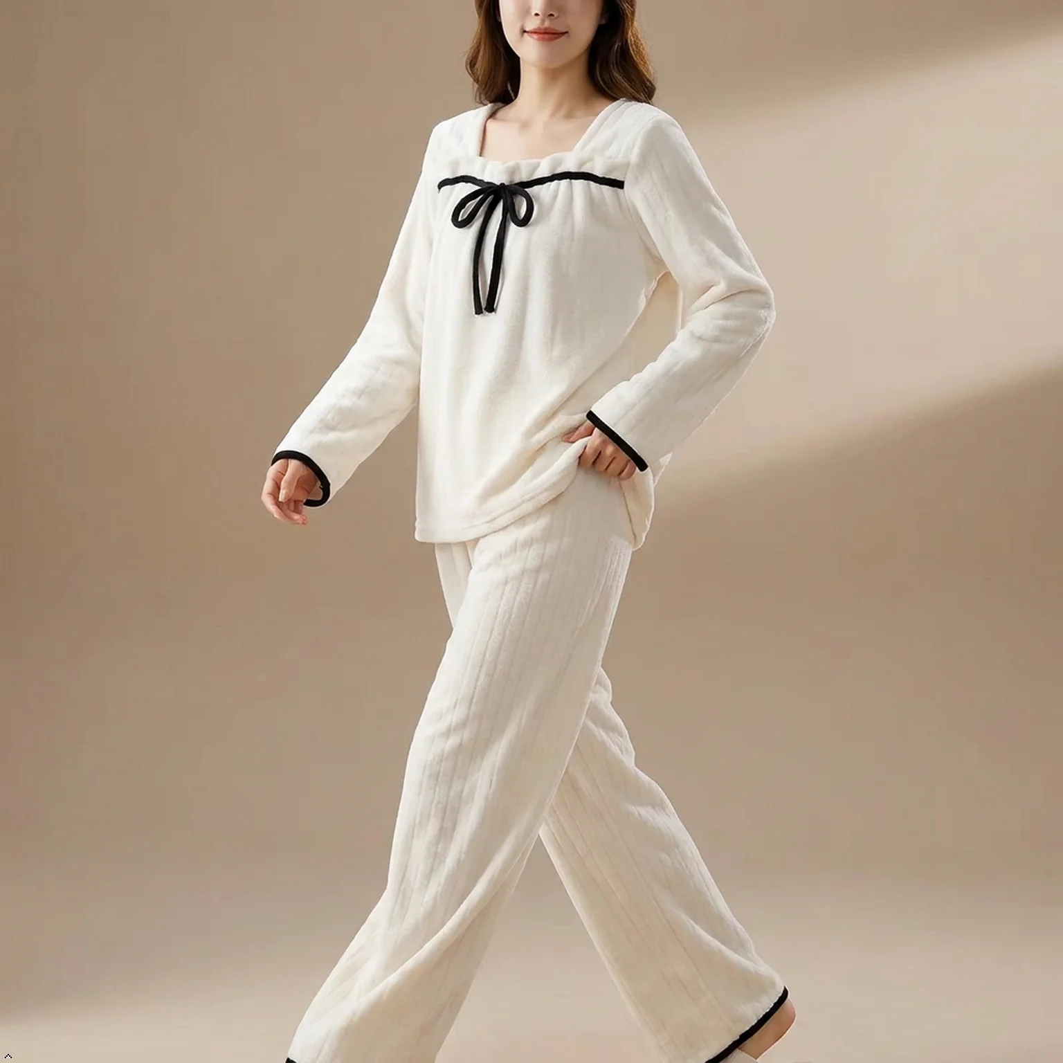 Women's Winter Cute Bow Flannel Pajama Set, Long Square Neck Warm Loungewear, White