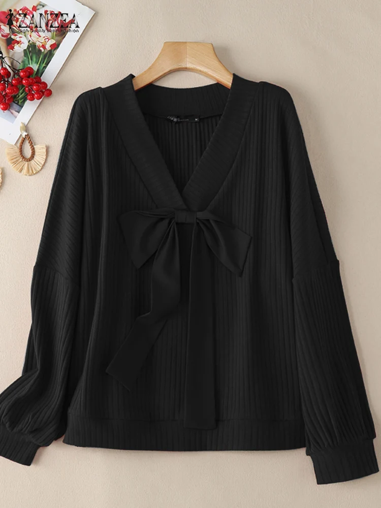 Vintage Women V Neck Long Sleeve Blouse 2024 ZANZEA Fashion Casual Bow Tie Shirt Elegant Solid Holiday Blusas Mujer Loose Tops