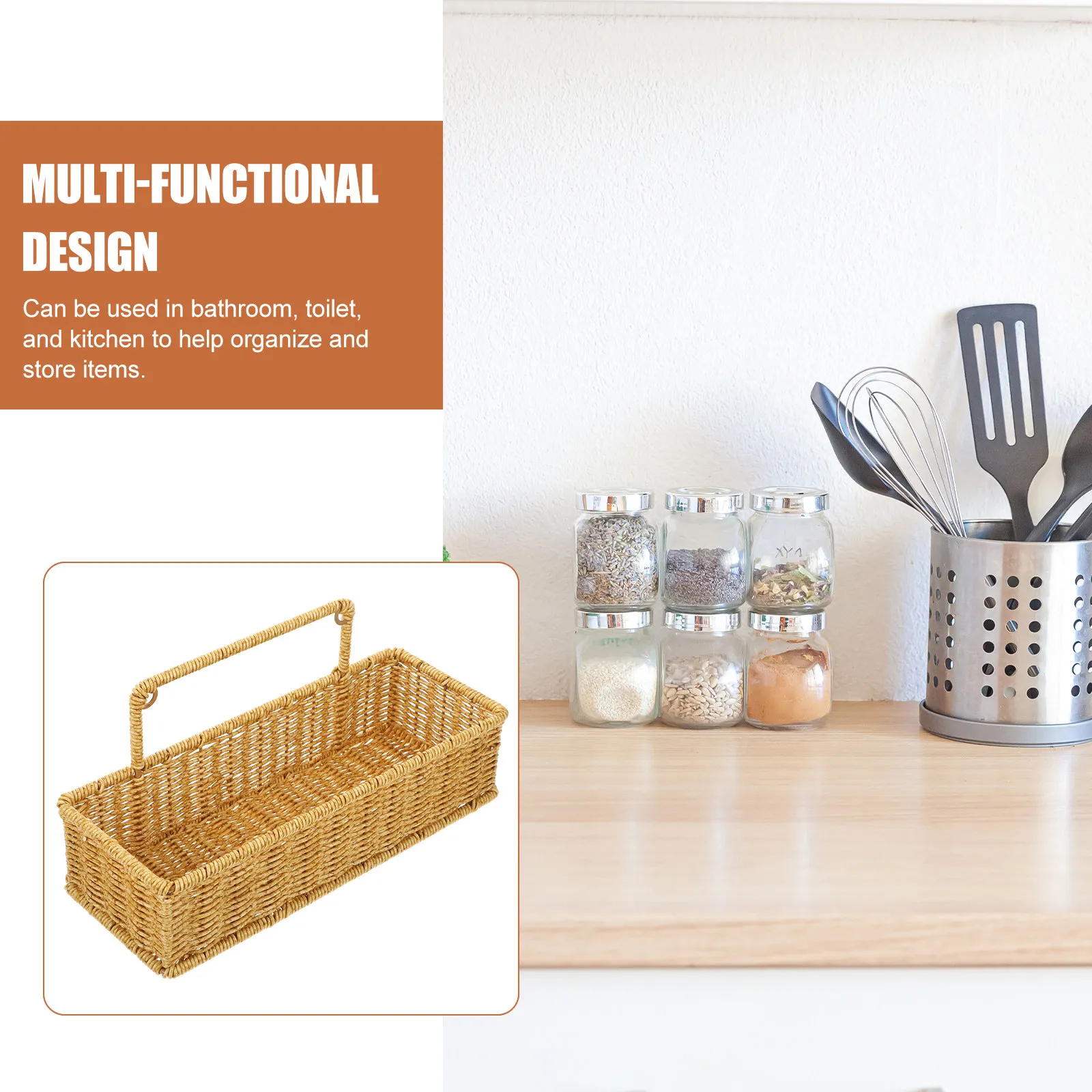 

Настольная корзина для хранения для ванной, кухни и дома, 1-слойная, имитация ротангового плетения, органайзер с клейким крючком, без сверления