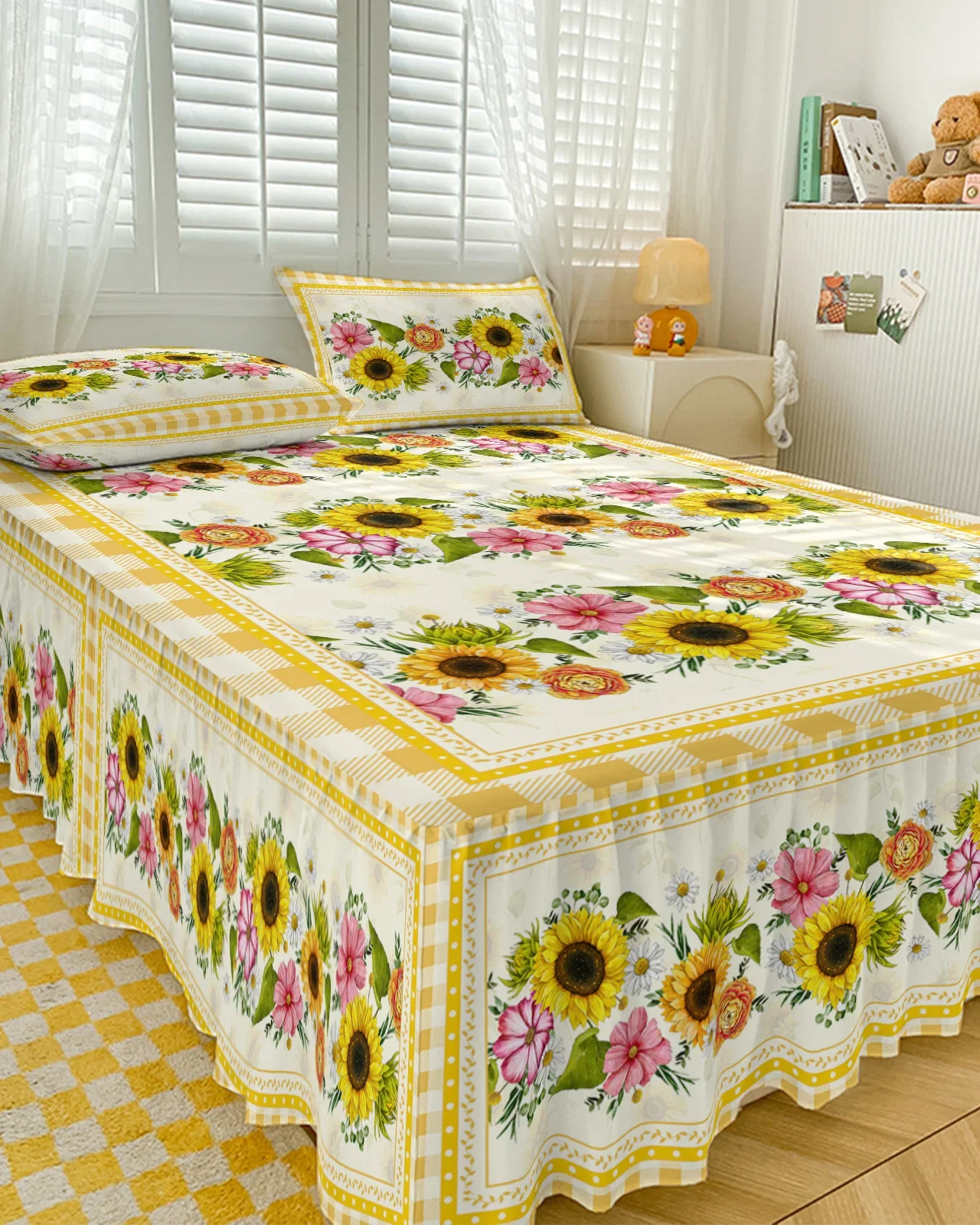 Pastoral Sunflower Plaid Bed Skirt Elastic Fitted Bedspread With Pillowcases Bed Protector Mattress Cover Bedding Set Bed Sheet