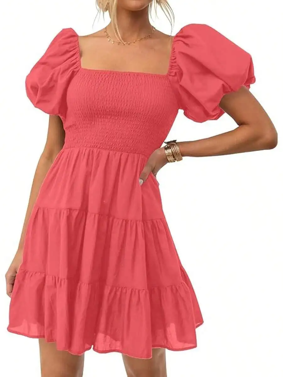 

Women Boho Summer Square Neck Puff Sleeve Smocked Tiered A-Line Casual Dress