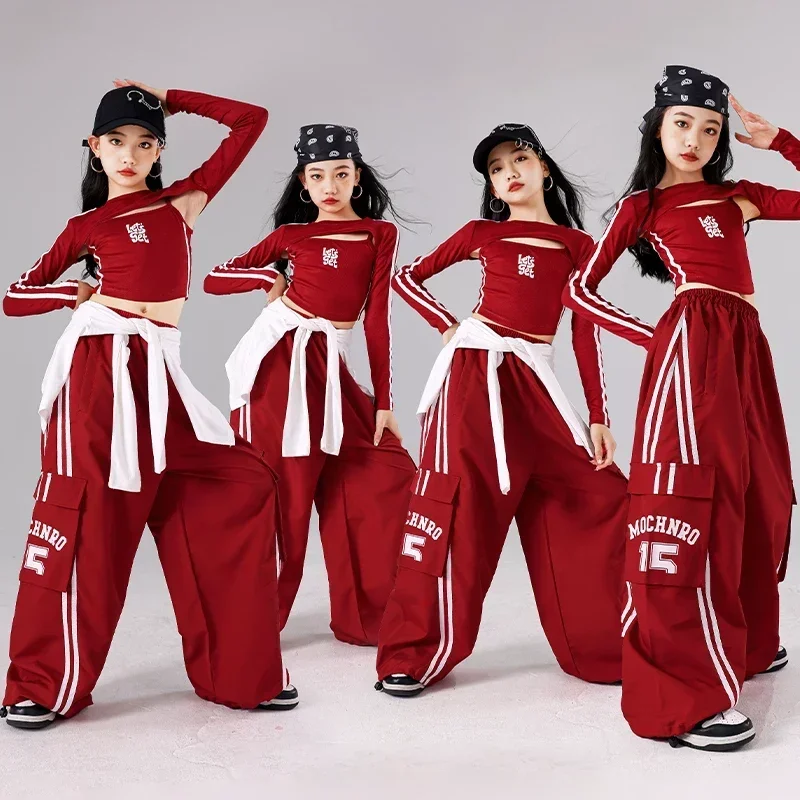 Girls Hip Hop Street Dance Costume Red Vest Loose Pants 2025 Performance Modern Dancing Clothes Sets Teenagers Jazz Stage Outfit