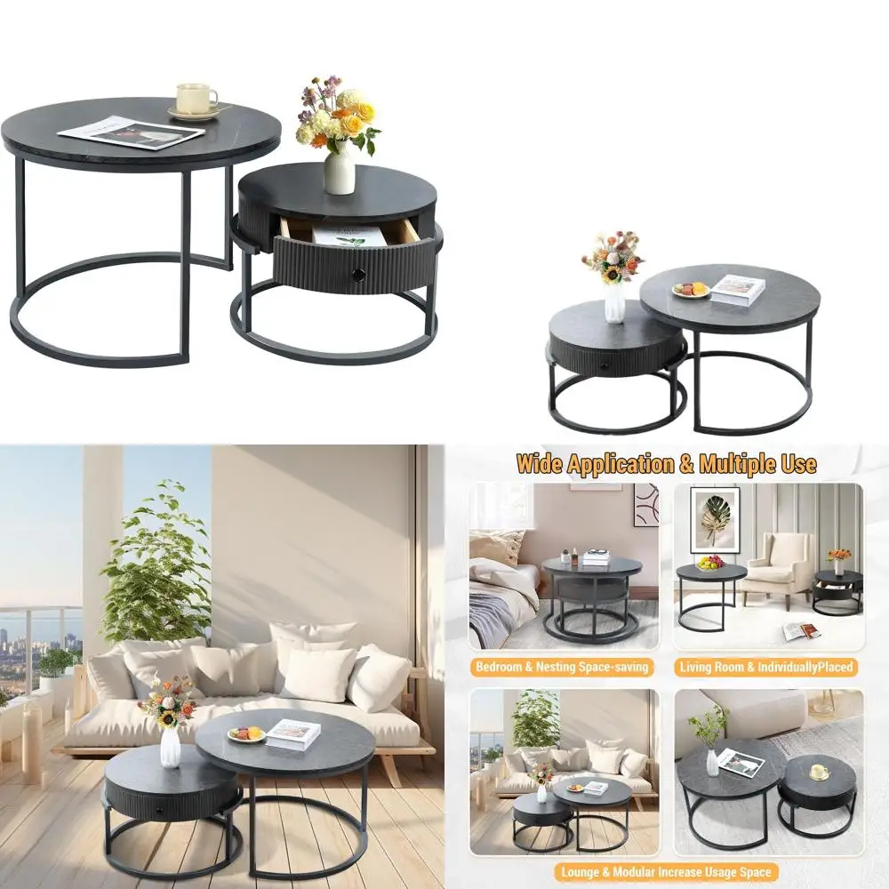 

Gray Marble Nesting Coffee Tables Set: Modern Metal Stackable Side Tables for Living Room & Small Spaces