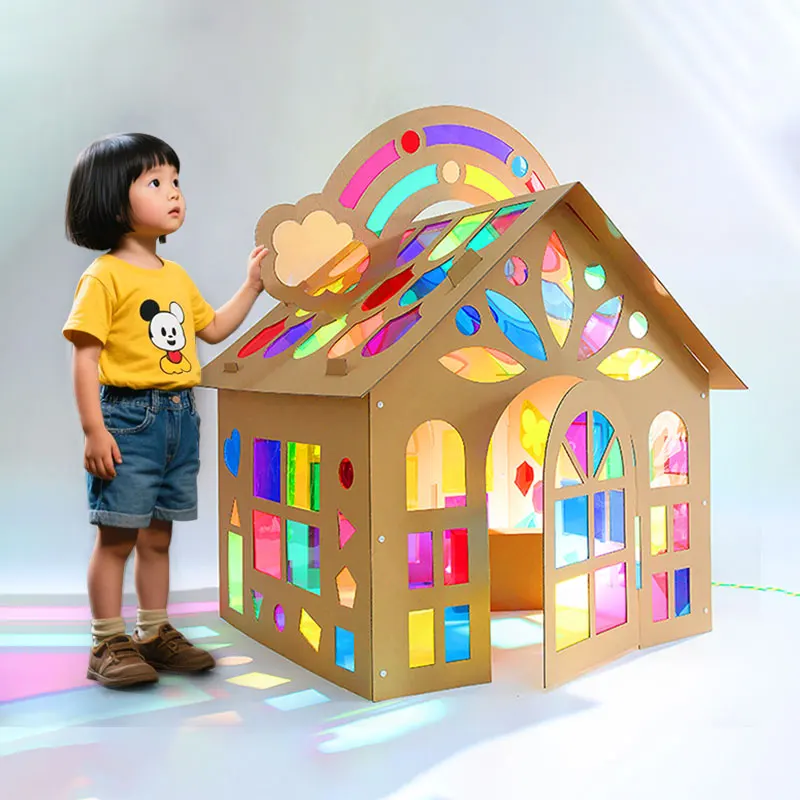 Kids Cardboard Paper Shell Color Light and Shadow House butterfly rainbow Cabin Handmade DIY baby Room Glass Piece