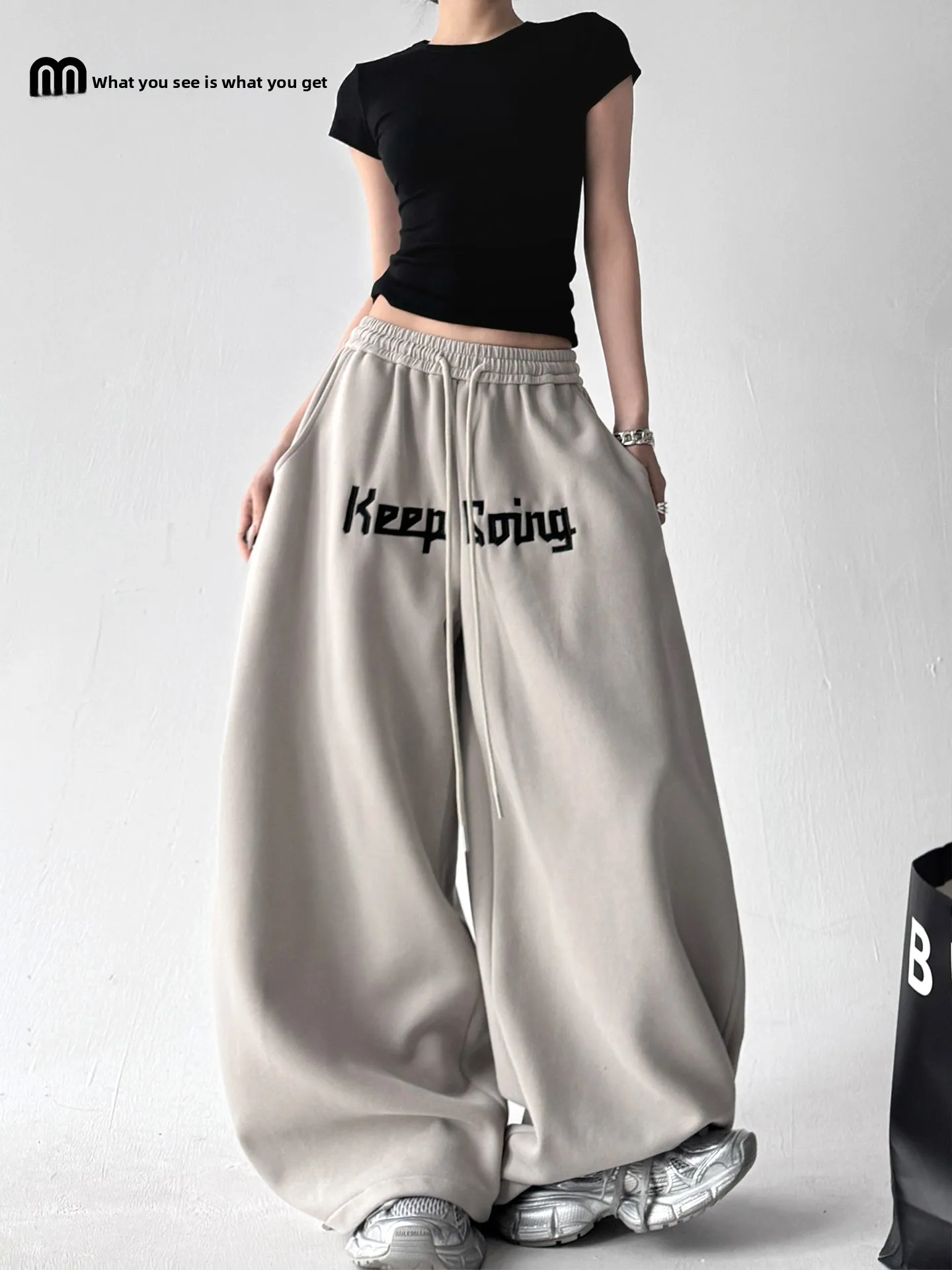 

Американские широкие брюки-палаццо для женщин, весна-осень, новые, свободные, на шнурке, удлиненные, повседневные, с буквенным принтом, с высокой талией...