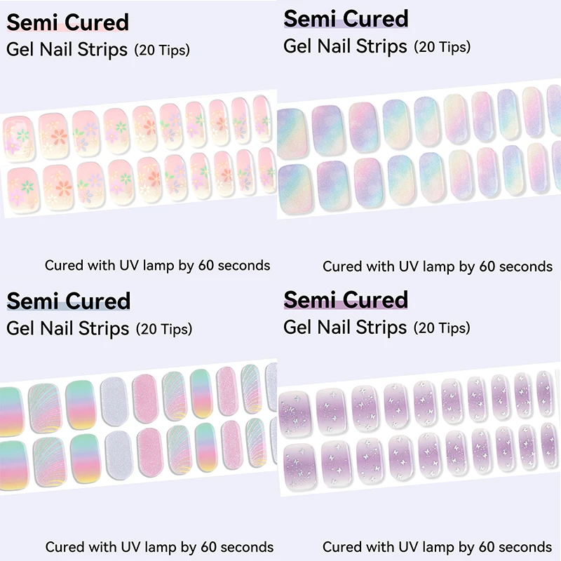 20Tips Semi-Cured Gel Nail Strips Spring Summer Colorful Waterproof Nail Sticker Long Lasting Full Cover LED Gel Nail Sticker