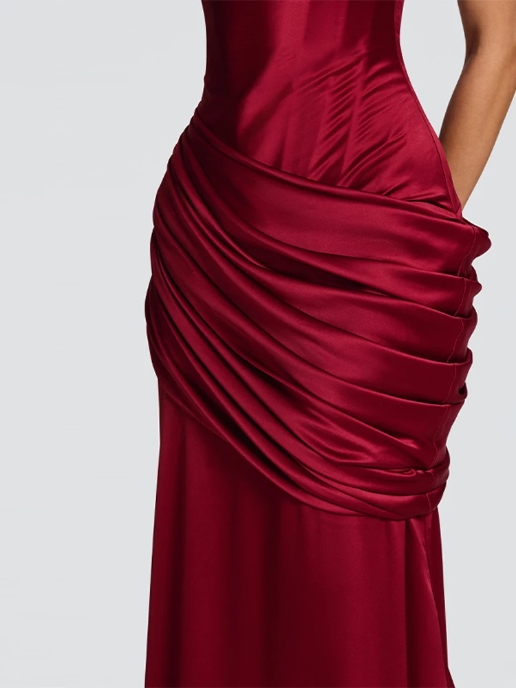 2026 Nieuwe Dame Satijnen Jurken Visgraat Corset Top Geplooide Lange Rok Party Vakantie Elegante Maxi Gewaden Slim Fit Luxe Vestidos