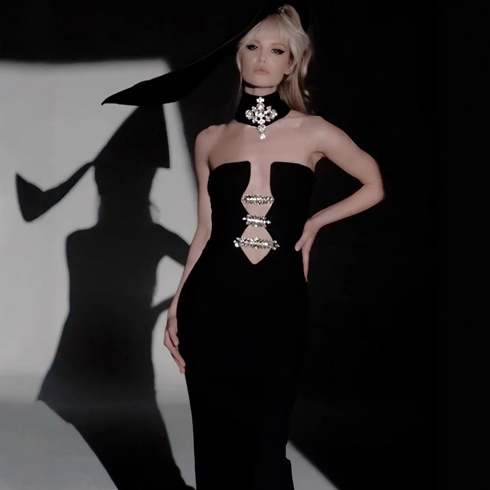 

Sexy Diamond Neck Loop Off Shoulder Tight Bandage Long Dress Black Women'S Backless Elegant Evening Party Wedding Gowns