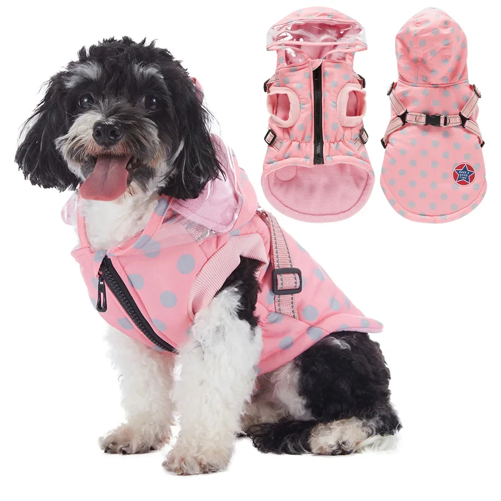 Hooded Dog Coat Cute Dotted Pet Outfit Winter Cold Weather Waterproof Dog Fleece Vest with Harness for Small Medium Dogs