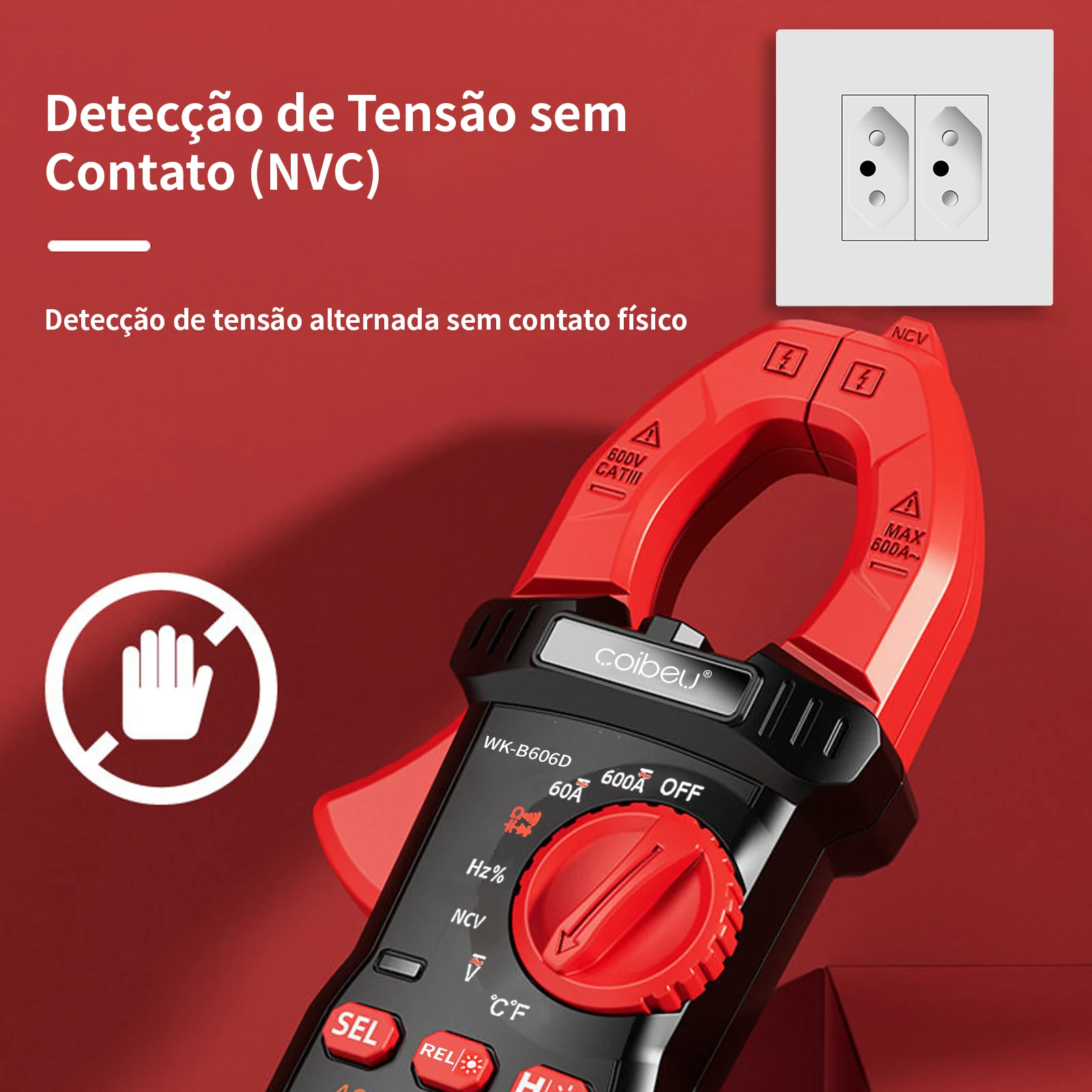 Alicate Amperímetro Digital 600A, Multímetro de Gancho True RMS NCV, Medidor de Tensão AC/DC com LED, Teste de Resistência