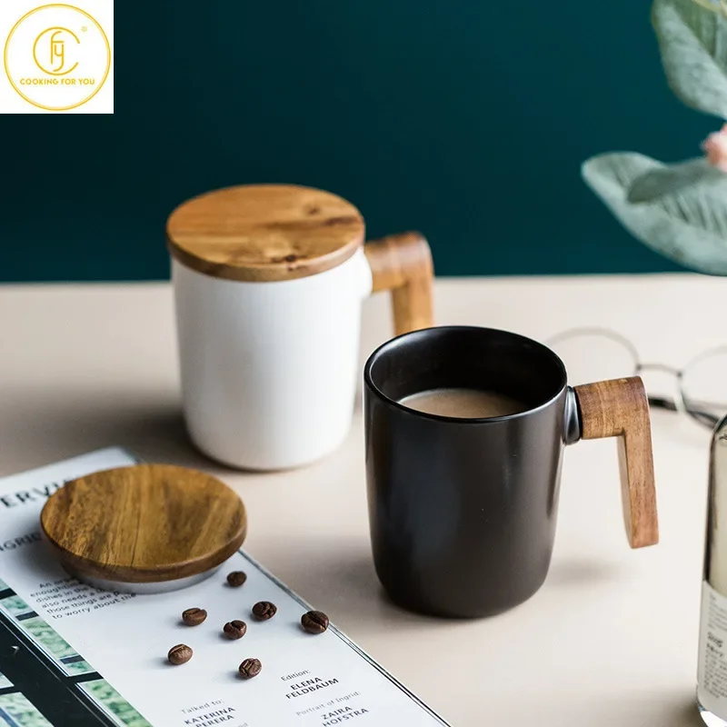 Gift Package 350ml Ceramic Coffee Mug with Wooden Handle and Lid Nordic Retro Style Smooth Surface Office Home Couple Cup