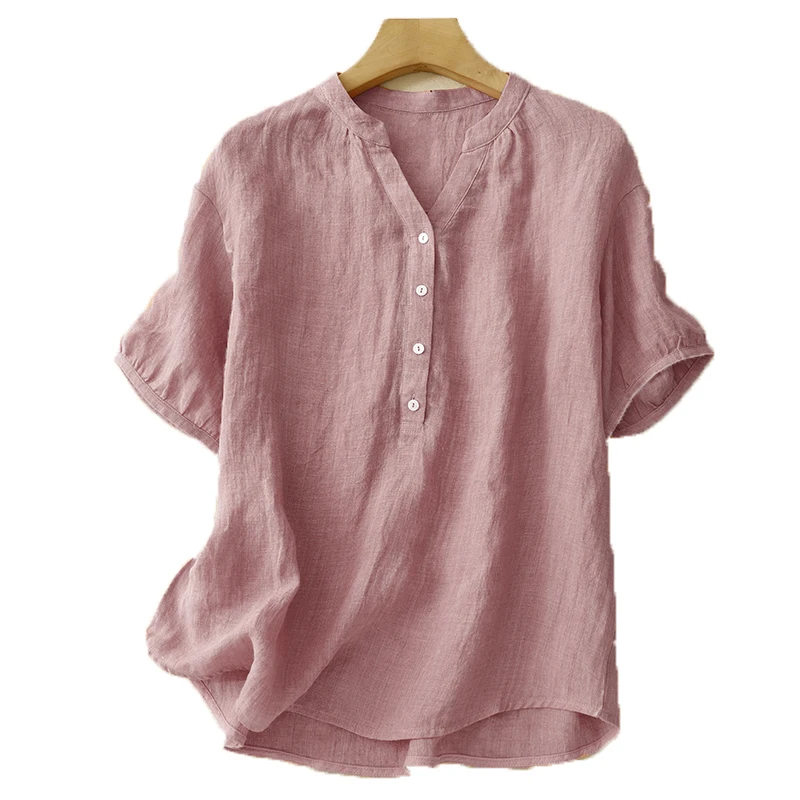 Luźna damska bluzka z bawełny i lnu w stylu vintage, artystyczna, letnia, nowa, cienka, z otwartym kołnierzykiem, o długości do ramion.
