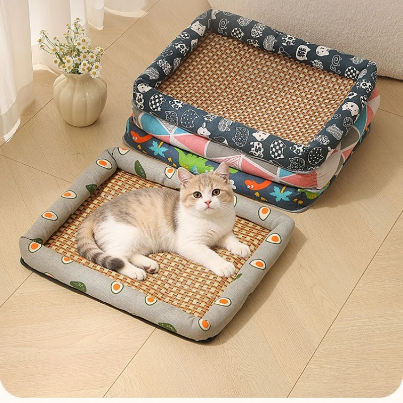 

Pet Bed Cooling Mat Summer Cool Breathable Dog Cat Bed Rattan Mat Square All Season Pet Supplies Household Goods