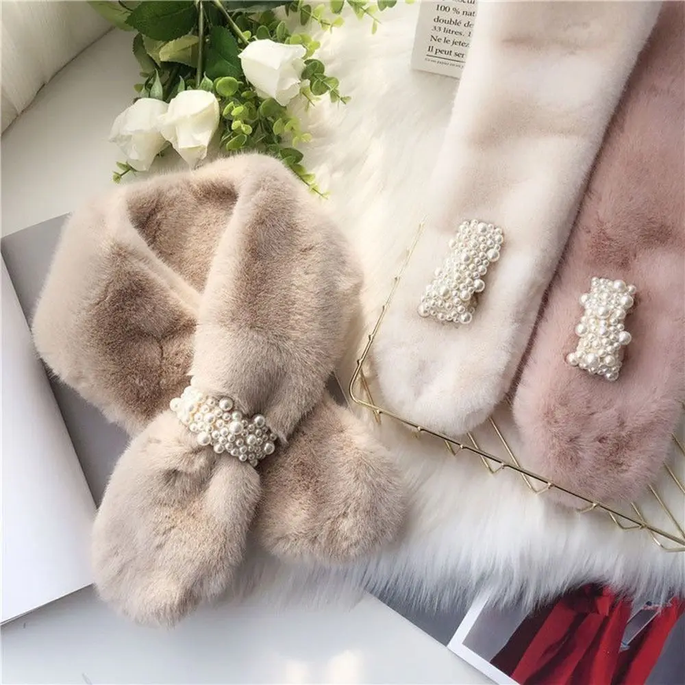 Women Winter Warm Thicken Elegant Pearl Cross Collar Scarf  Solid Color Faux Rabbit Fur Plush Elegant Shawl Scarfs