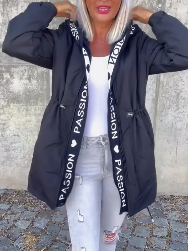 

Cross-Border Winter New Style Comfortable Polyester Fabri Women's Casual Hooded Zipper Pocket Letter Cotton Jacket Drawstring