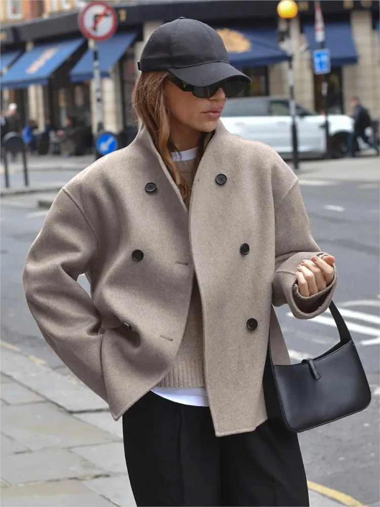 

Vintage Woolen Coat Women Fashion Elegant Loose V-neck Double Breasted Long Sleeve Jacket 2025 New Autumn Chic Office Lady Coats