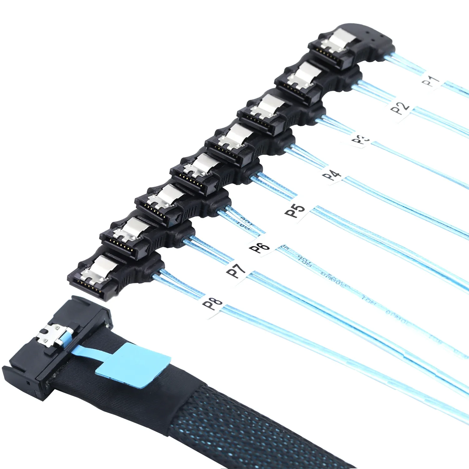 PCIe 5.0 MCIO 8I (SFF-TA-1016) 74Pin to 8-Port Left-Angle SATA Male HDD/SSD Data Cable - High-Speed Storage Connection