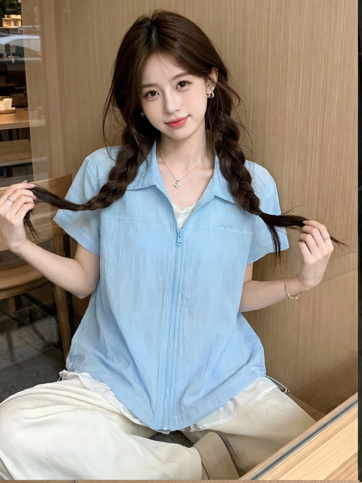 

Blue Neck Loose Fit Short Sleeve Sun Protection Shirt Women Summer Inner Tank Top Two Piece Set Layered Top