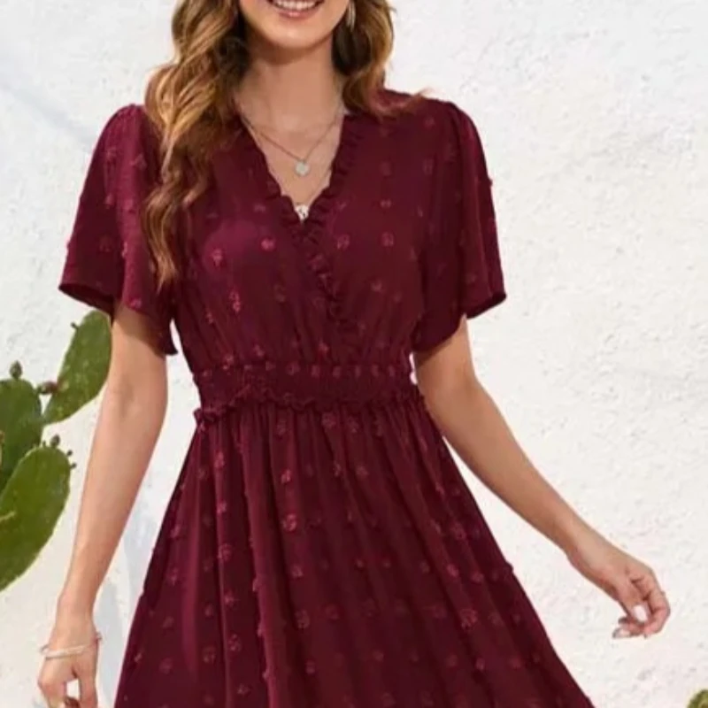 

Элегантное женское летнее повседневное платье макси в горошек, сексуальное пляжное платье с короткими рукавами и плиссировкой, однотонное женское длинное платье с V-образным вырезом, Vestidos