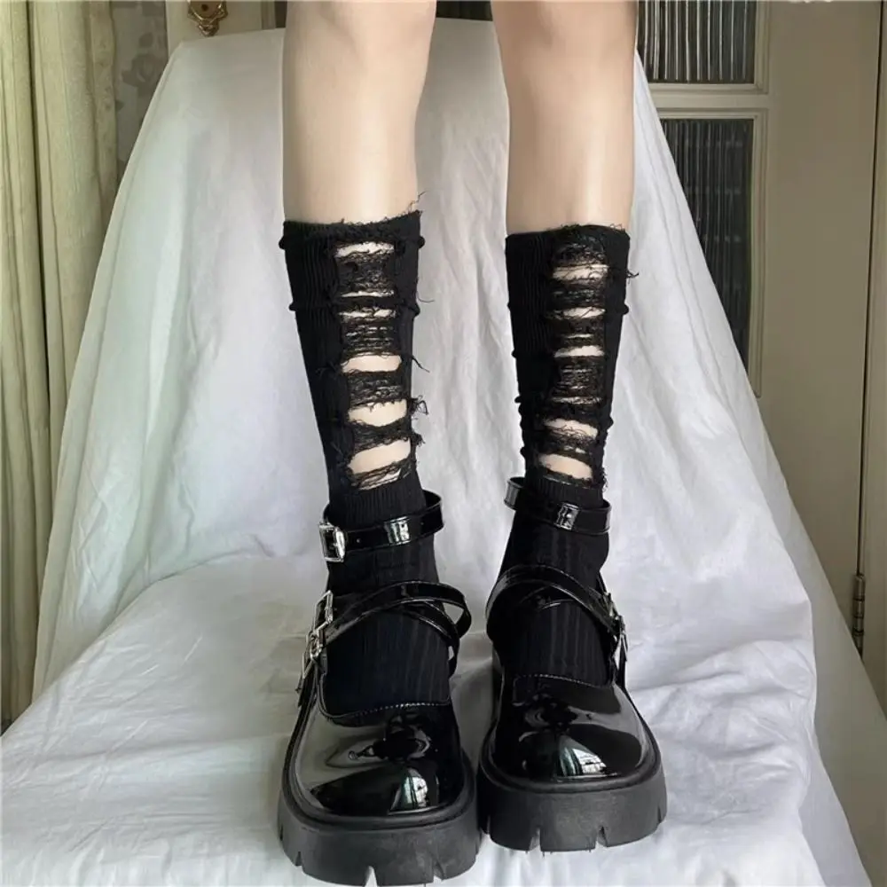 Gothic Ripped Mid Tube Socks Hand Cut Pile Pile Socks Knitted Socks Y2k For Girl Women Punk Harajuku Clothing Accessories New