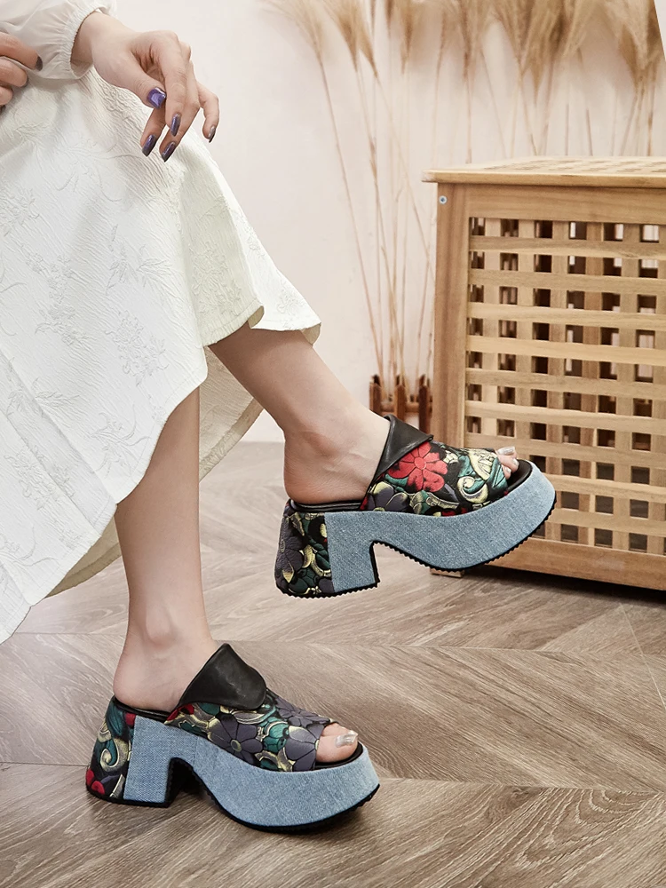 Sweet Style Thick Heel Printed Women's Wedge Slippers Summer Platform Fish Mouth High Heel One-Strap Slippers Outdoor Wear