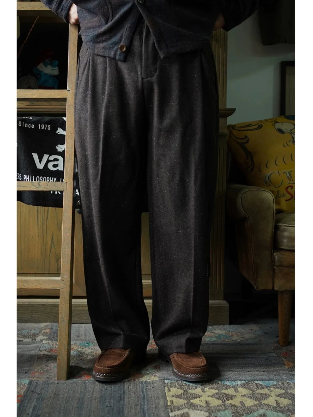 Second Order Neppy Tweed Wool Pleated Pants Vintage Style Men's Casual Trousers