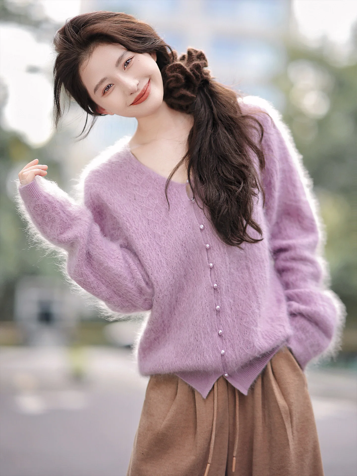 Zhaodaixi High amage Silk Camere Floing Open Cardigan Purple Hook Flower Women's Knitted irt Autumn Season Faion