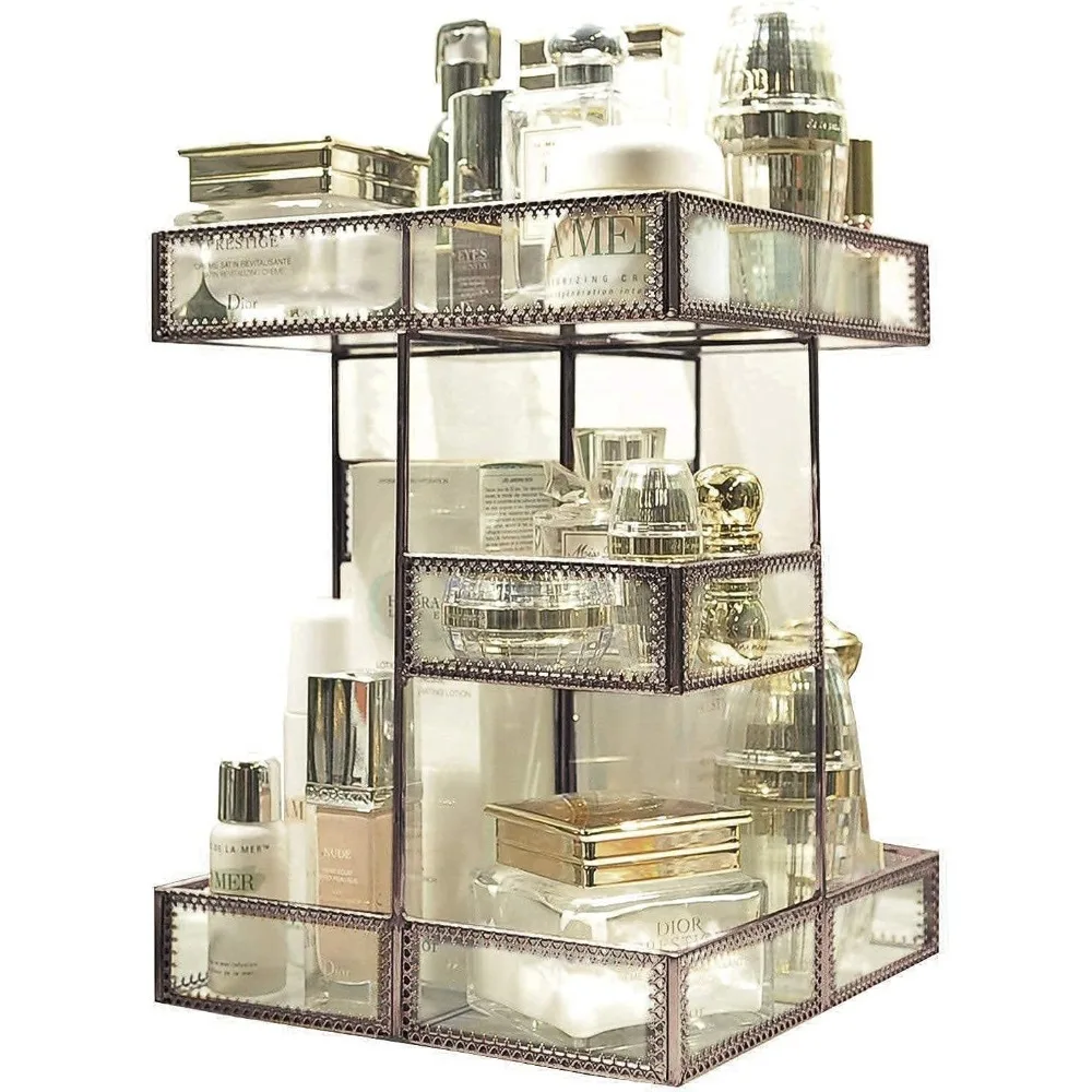 

Mirror Glass Makeup Organizer, Antique Countertop,Cosmetic Storage Box,Beauty Display,Free Shipping,Bathroom,360 Degree Rotation