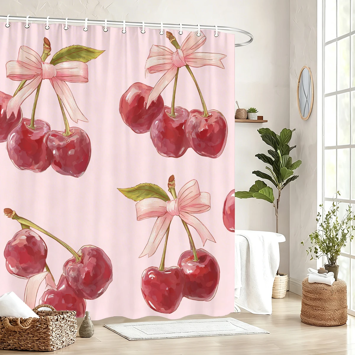 

Cherry & Bow Pattern Polyester Shower Curtain - Stylish Bathroom Decor, Chic Bathtub Partition for Home & Hotel