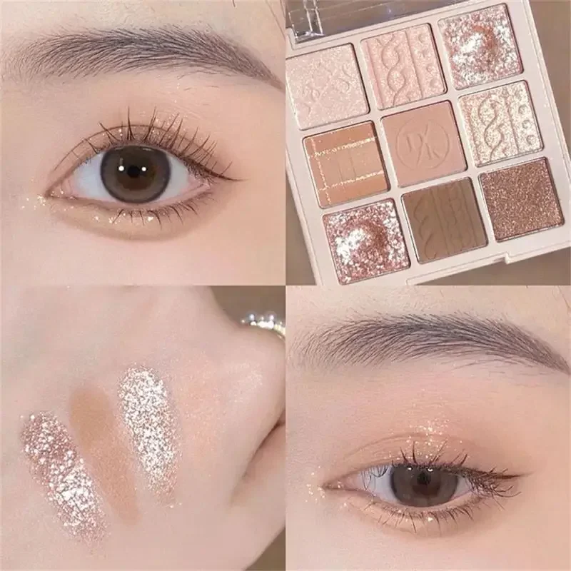 Paleta de sombras de ojos de nueve colores, rosa, perlado, mate, brillo, sombra de ojos brillante, maquillaje de ojos de larga duración