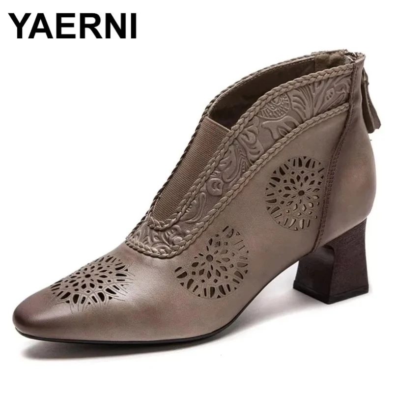 2025 5,5 cm botas de cuero genuino para mujer mocasín de verano tendencia de lujo hueco transpirable tacones gruesos zapatos tobilleros con estampado étnico