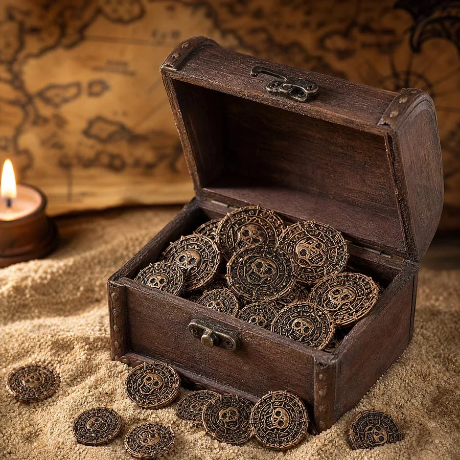 10/50pcs Golden Pirate Skull Crossbones Coins Roman Style for Treasure Chest Halloween Party Treasure Hunt