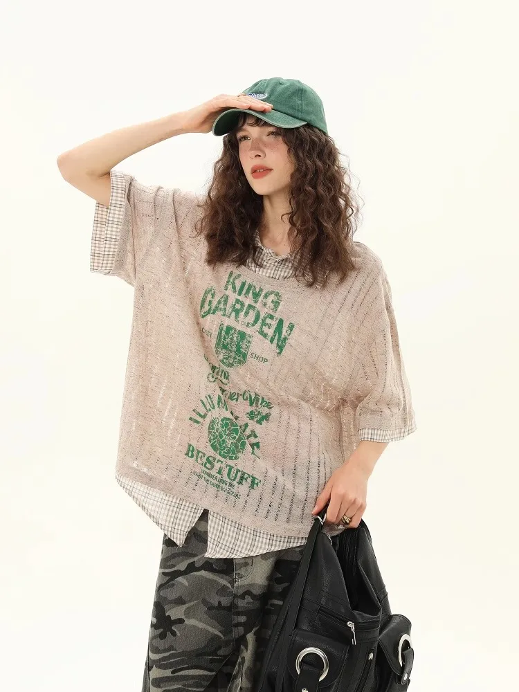 Camisa Vintage falsa de dos piezas para mujer, Top de manga corta estilo universitario Retro americano, blusa de gran tamaño para verano 2025, camiseta de calle