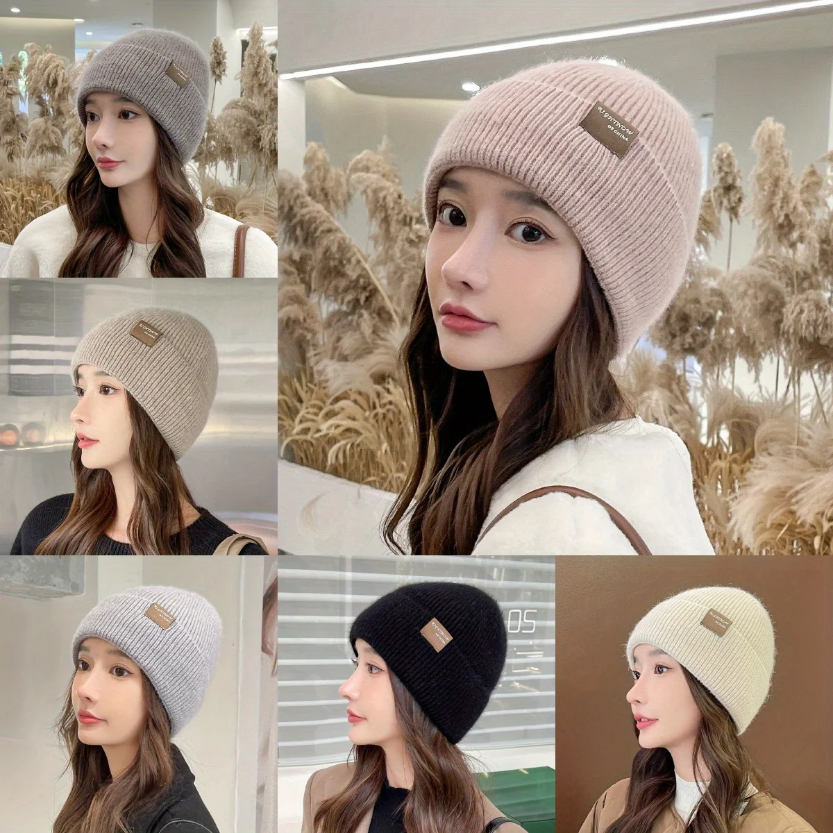 

Solid Color Letter Label Knitted Hat Elastic Thicken Design Autumn Winter Warm Wool Cap Windproof Ear Warmer Beanies